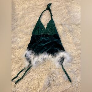 Women’s Christmas Green Velvet Lingerie with White Fur Trim (X2)